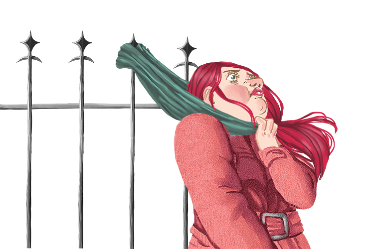 The woman's scarf got caught on a sharp (écharpe) fence spike causing her to choke.